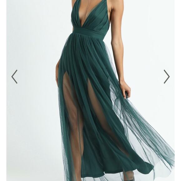Showpo. Dresses & Skirts - NWT Showpo Women's Like a‎ Vision Emerald Mesh High Slit Spaghetti Strap Gown 8